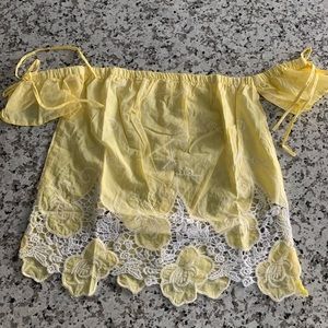 Yellow Sheer Off the Shoulder Floral Lace Top